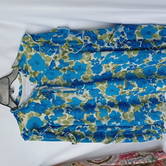 SUGARLIPS ruffle balloon sleeve blouse in blue/green/cream, sz M - Picture 4 of 8